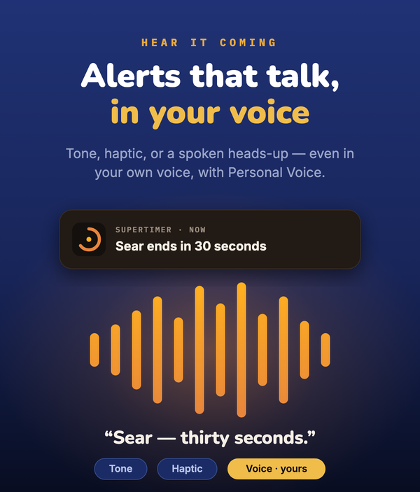 Supertimer — voice alerts, with a spoken heads-up notification