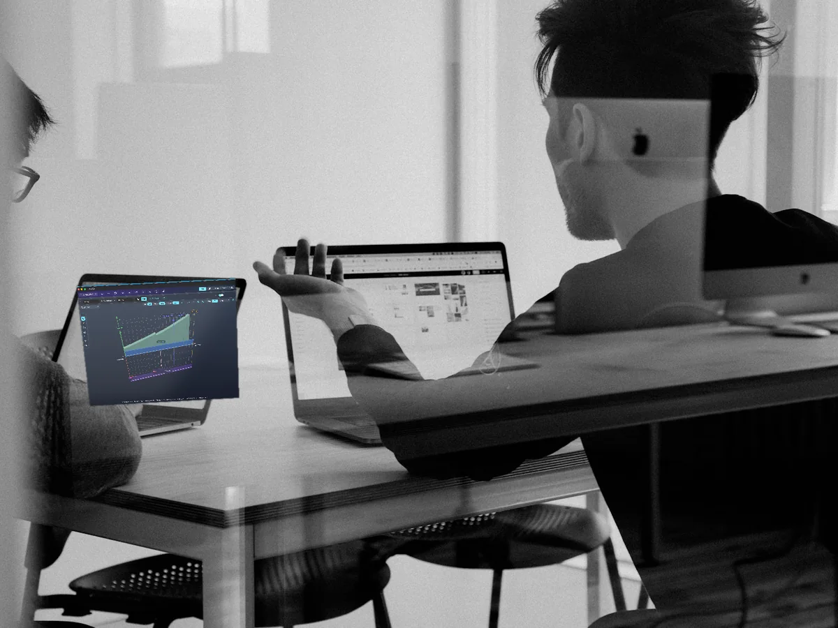 Two colleagues reviewing a TVM 3D cash-flow plan on a laptop