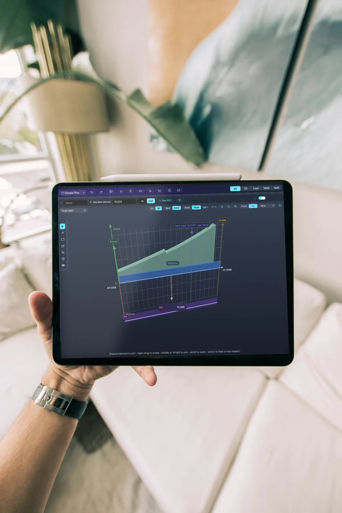 Holding an iPad showing a TVM 3D cash-flow plan